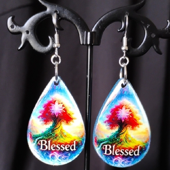 Hand Crafted Jewelry - Colorful 'Blessed' Teardrop Earrings